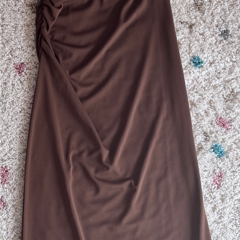 Reformation Brown Ruched Pencil Midi Dress